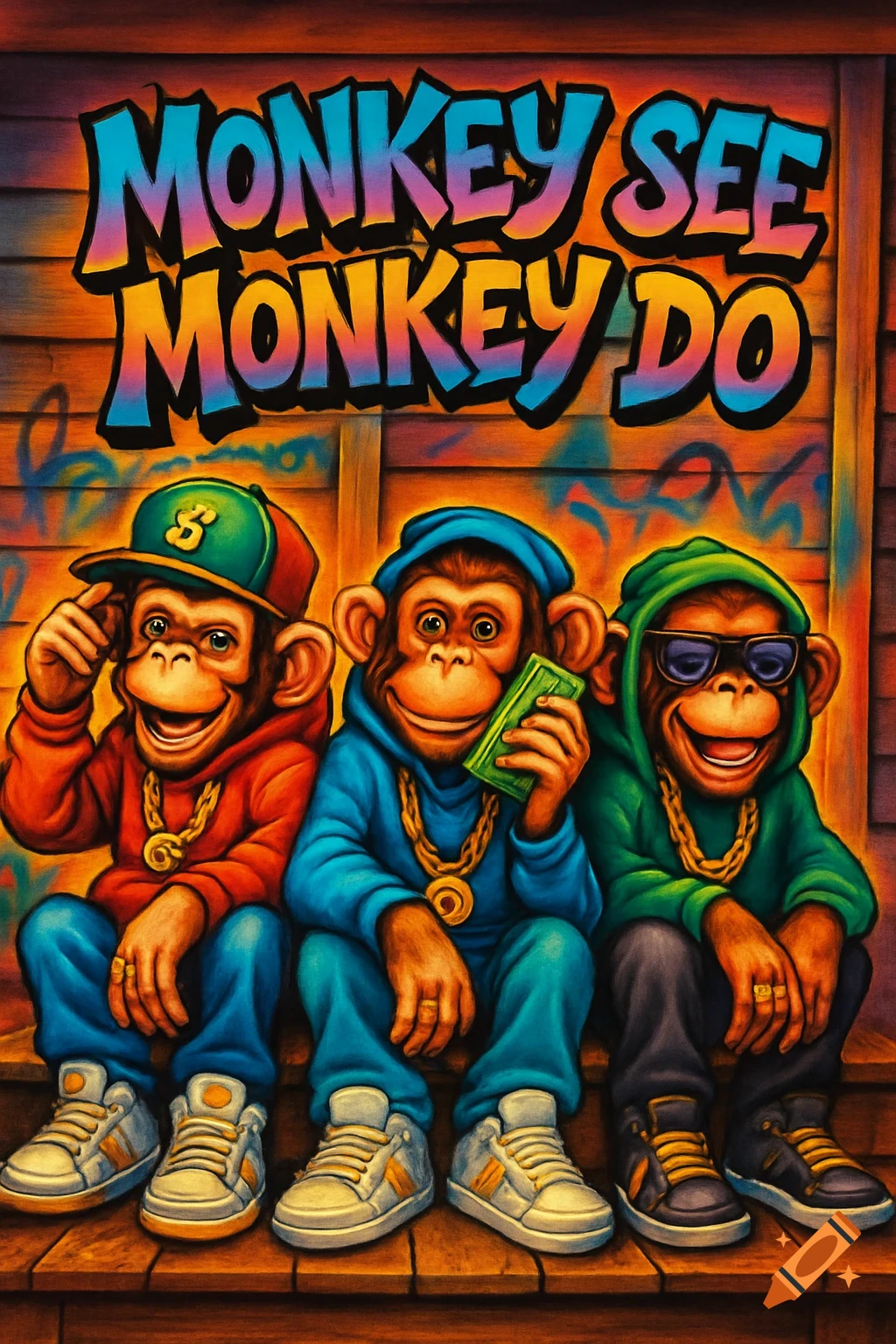 Three cartoon monkeys dressed as rappers, wearing hoodies, gold chains, and sneakers, sit on a wooden porch in an airbrush art style. Graffiti is on the wall behind them. Above them, the text "MONKEY SEE MONKEY DO" is written in colorful block letters.