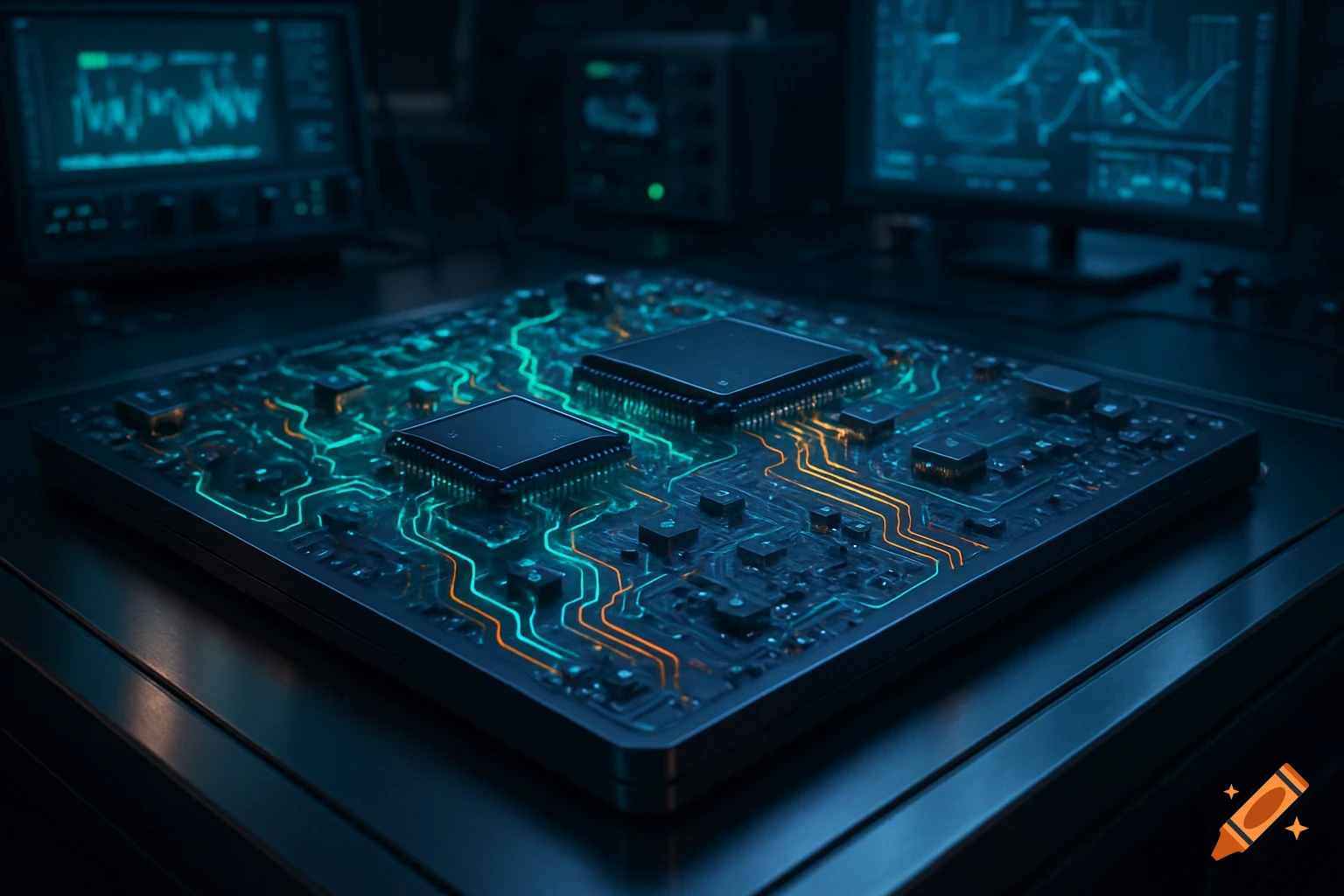 Close-up of a circuit board with two large chips and glowing green and orange traces, against a dark background with blurred technical screens.