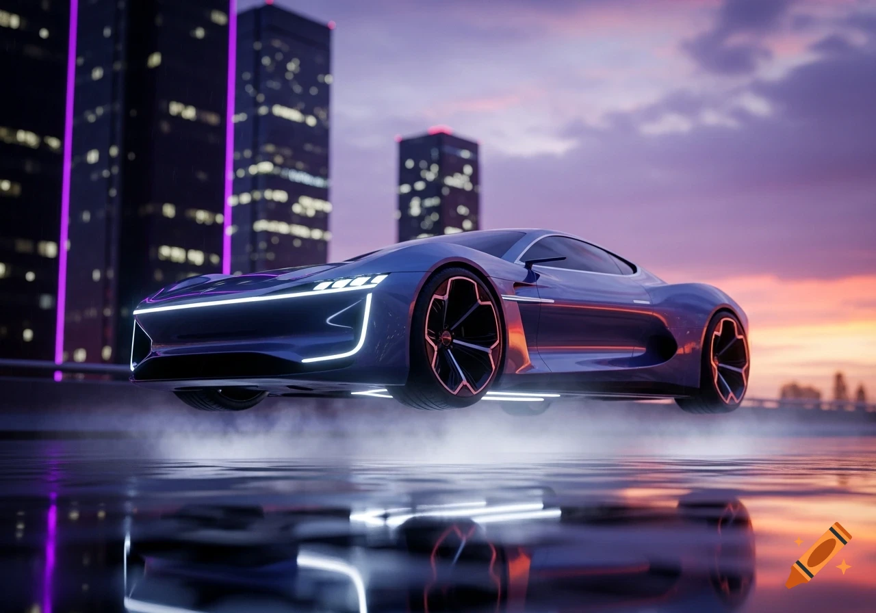 Futuristic blue hovercar with glowing white accents hovering above a reflective surface in a cyberpunk city at sunset.