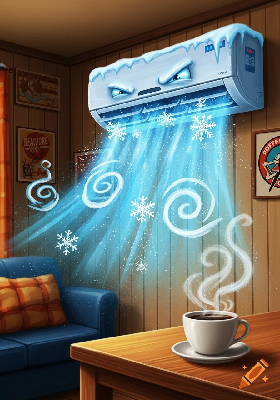 A cartoonish, angry air conditioner covered in ice blows cold air and snowflakes into a cozy room, contrasting with a steaming cup of coffee on a table.