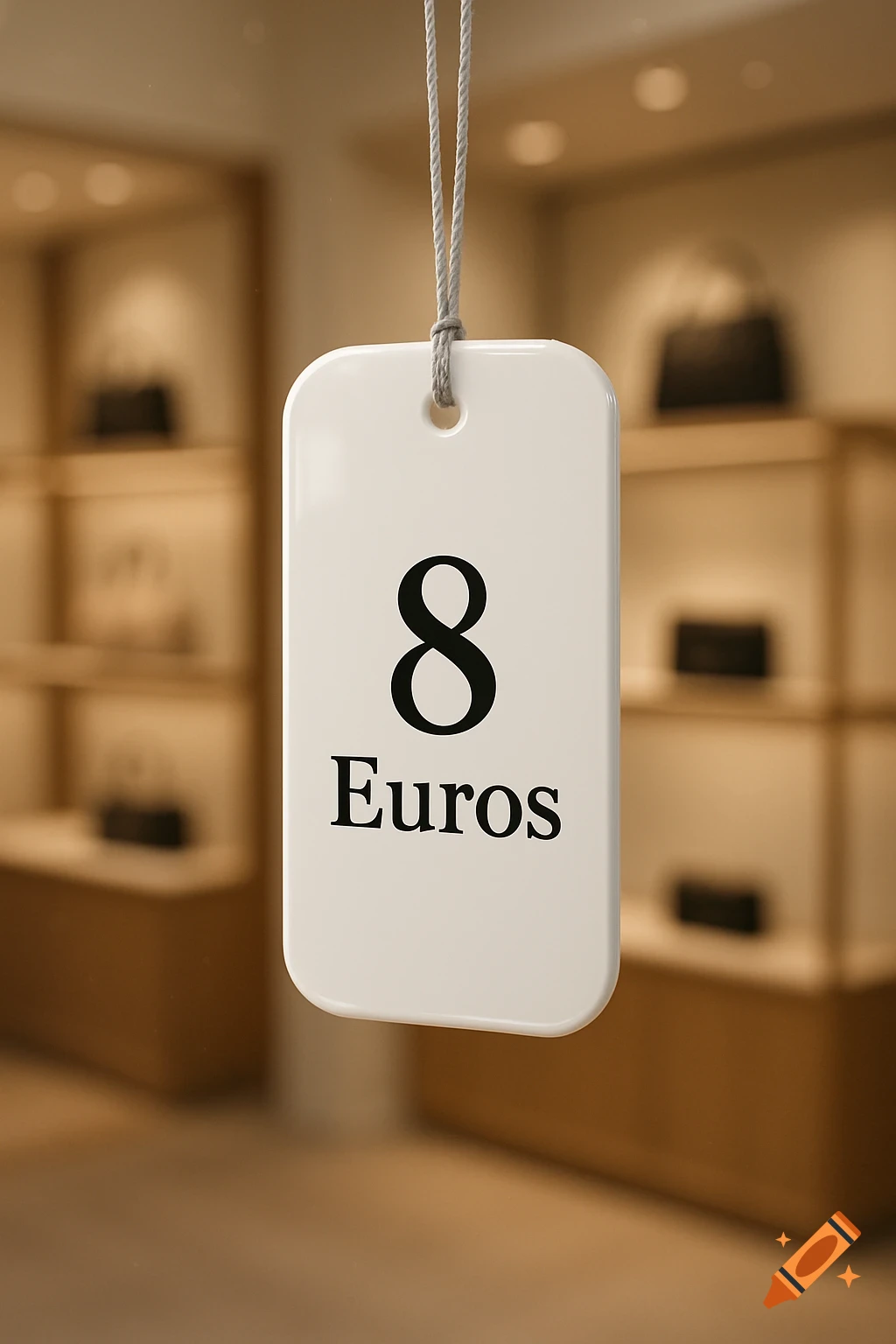 A white price tag with '8 Euros' on it, hanging in a retail store.