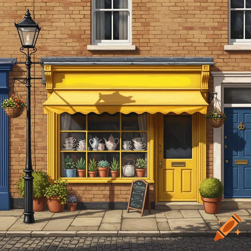 A colorful illustration of a small shop with a bright yellow awning, a blue door, and a black lamppost on a brick building, with potted plants and a sign.