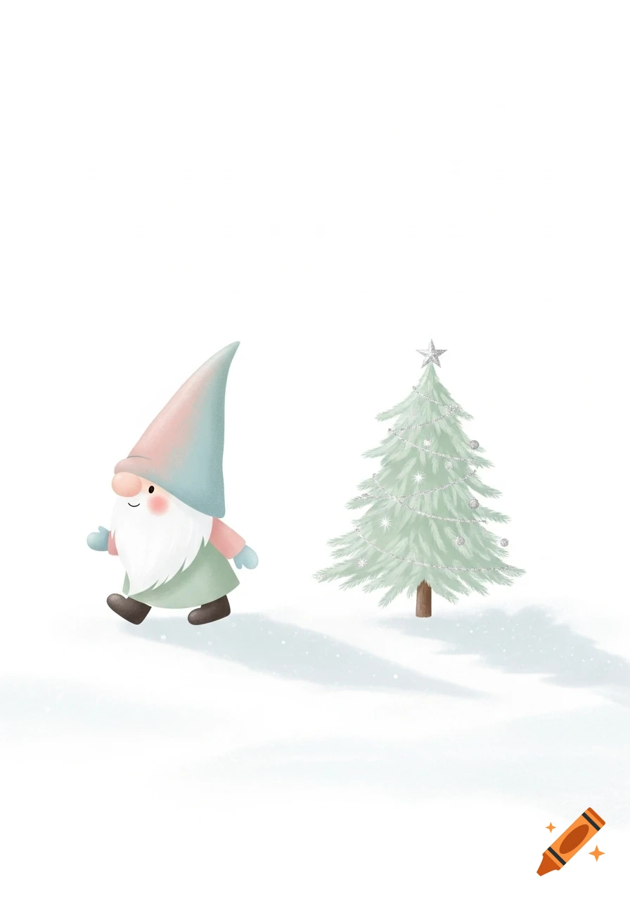 Pastel minimalist gnome walks in snow next to a decorated light green Christmas tree with a silver star.