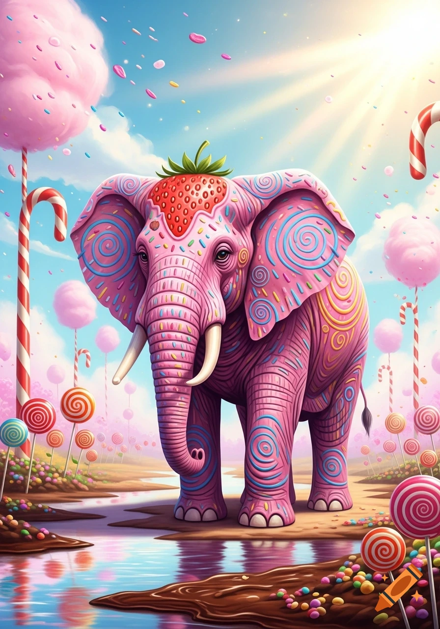 A vibrant pink elephant covered in sprinkles and swirls, with a strawberry hat, stands in a whimsical candy land with lollipop trees and a chocolate river.