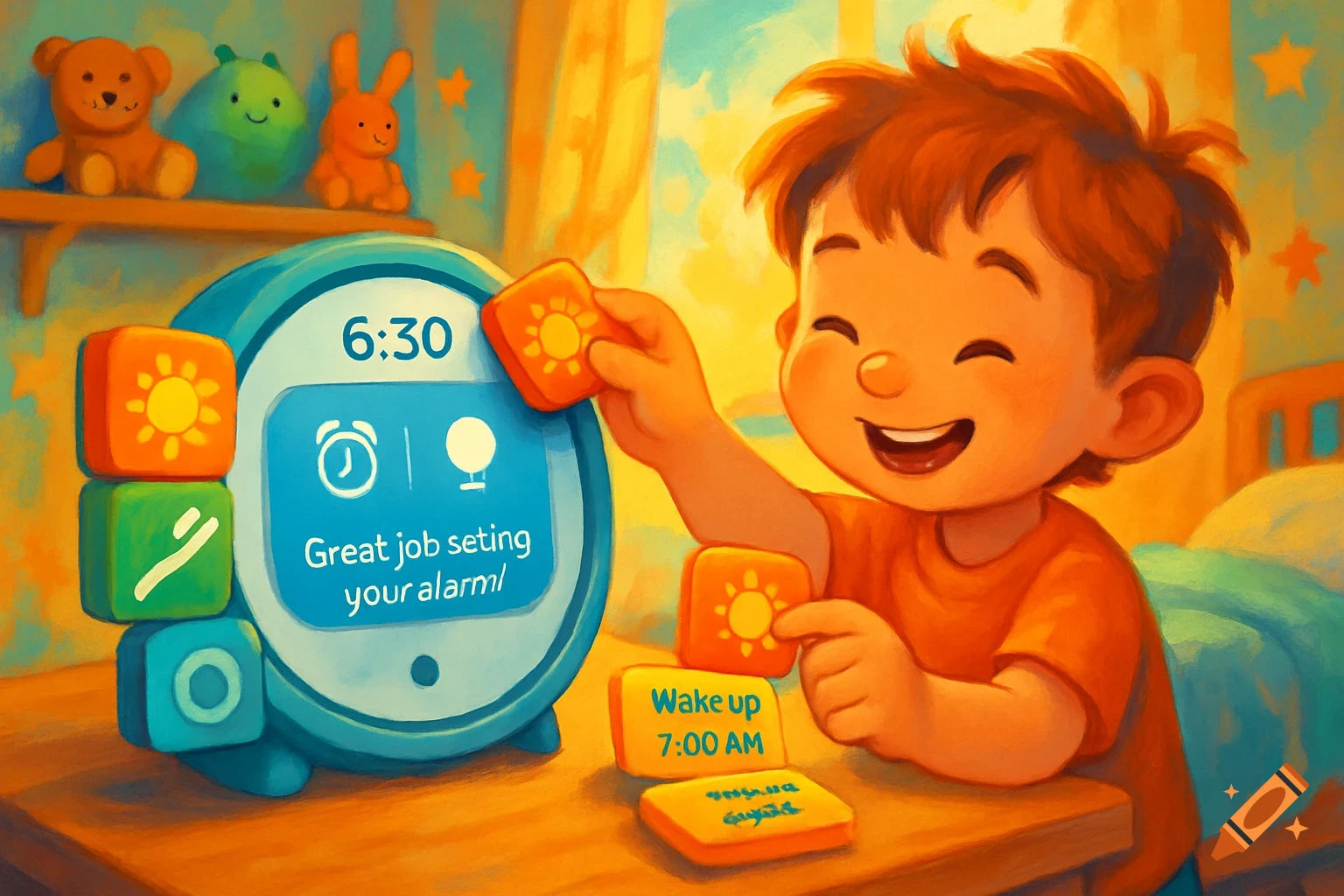 A smiling cartoon child interacts with a blue digital alarm clock and orange routine blocks, in a colorful bedroom with toys.