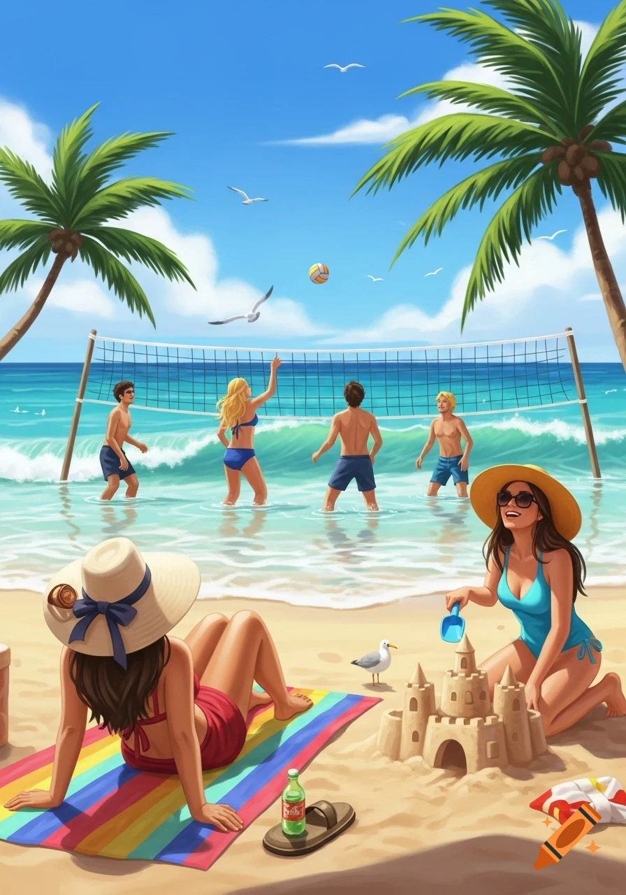 A vibrant illustration of a sunny beach scene with people playing volleyball in the ocean and women relaxing on the sand.