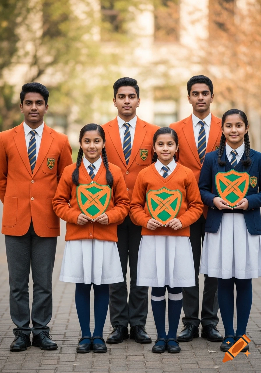 Six photorealistic students in orange blazers and uniforms stand outdoors, three girls holding green and orange shields.