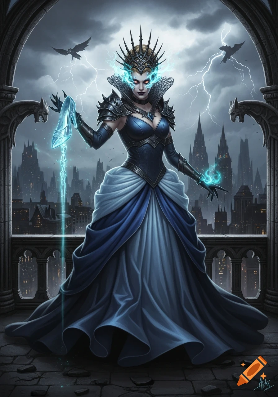 A powerful, dark fantasy Cinderella villain stands on a gothic balcony overlooking a stormy city, holding a glowing glass slipper.