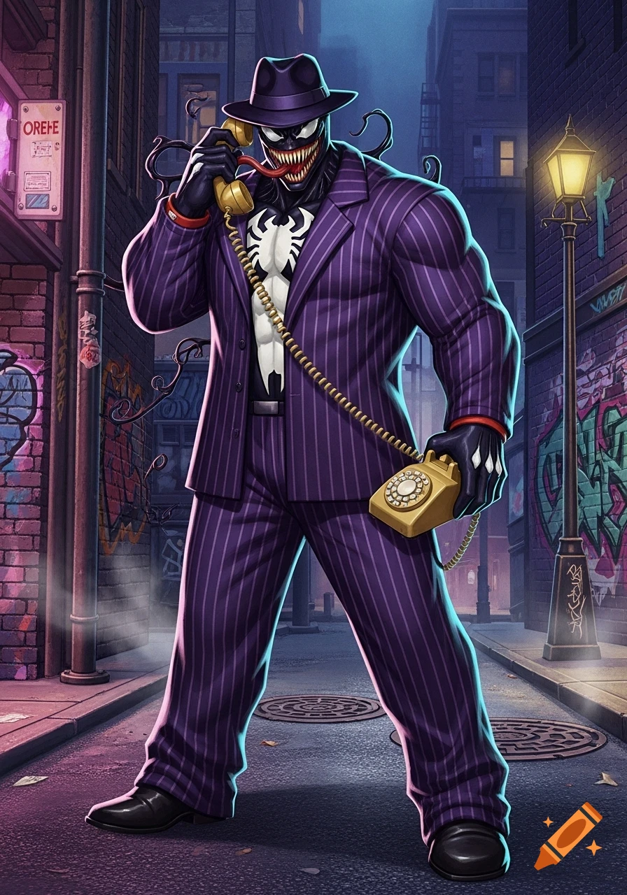 Venom, wearing a purple pinstripe gangster suit and fedora, talks on a gold vintage rotary phone in a graffiti-filled alley.