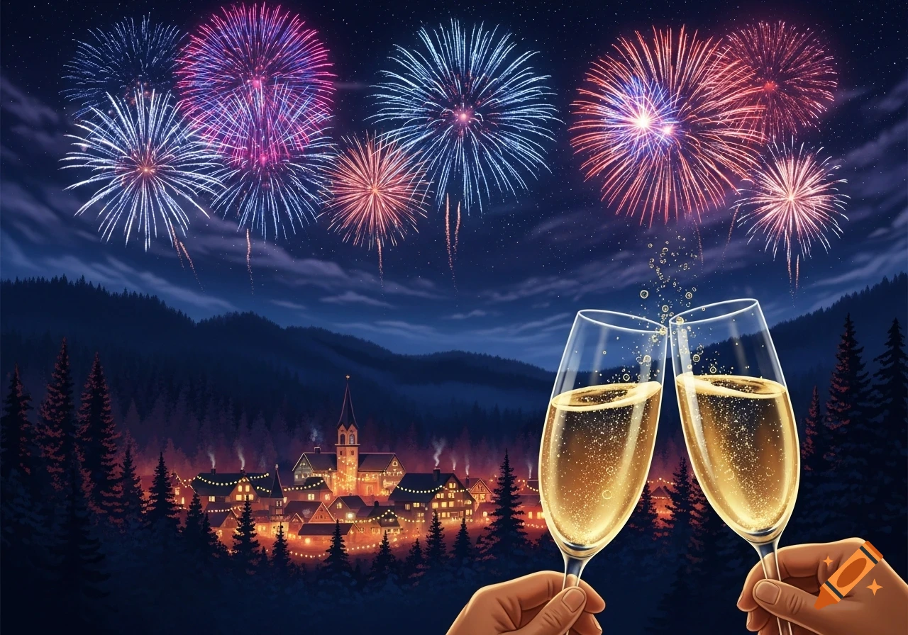 Two hands toast champagne glasses as colorful fireworks explode over a festive village nestled in a snowy forest at night.