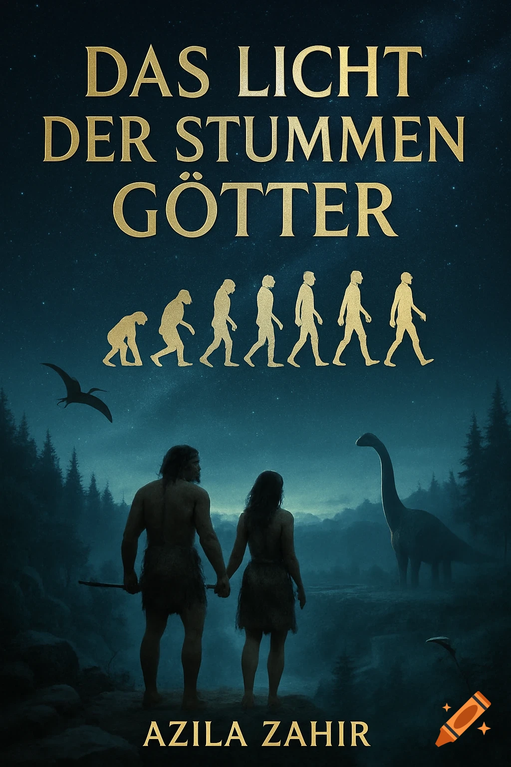 Book cover featuring golden text and silhouettes of human evolution against a starry sky, above two early humans holding hands in a prehistoric landscape with dinosaurs.