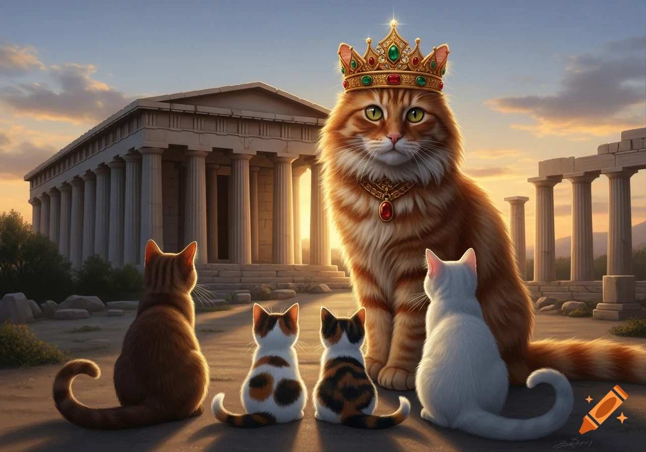 A giant crowned ginger cat faces four smaller cats from behind, all in front of ancient Greek temple ruins at sunset.