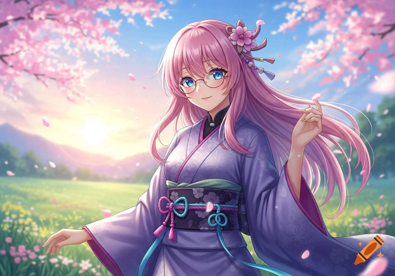 Anime girl with pink hair and glasses in a purple kimono, standing in a sunny field with falling cherry blossoms.