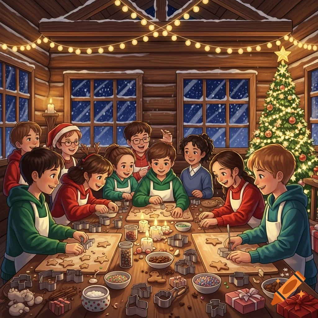 Illustrated group of children happily baking and decorating Christmas cookies in a cozy cabin with a festive Christmas tree and string lights.
