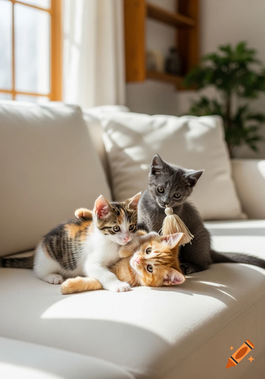 Three adorable kittens, one calico, one orange, and one grey, playing on a white sofa in sunlight.