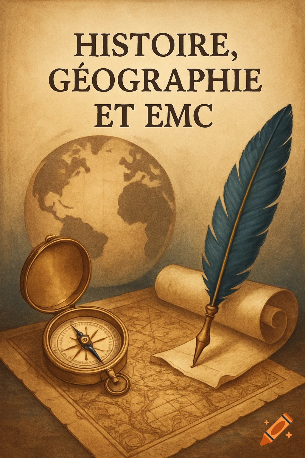 Vintage illustration with "HISTOIRE, GÉOGRAPHIE ET EMC" text above a globe, open compass, and quill on an old map.