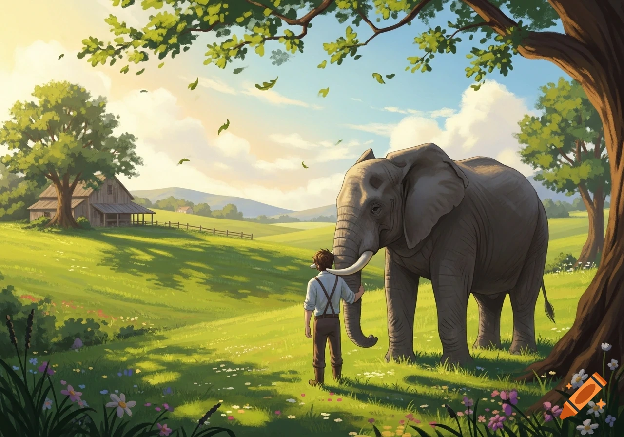 An illustrative scene of a boy touching an elephant's trunk in a sunny green field with a barn and trees in the background.