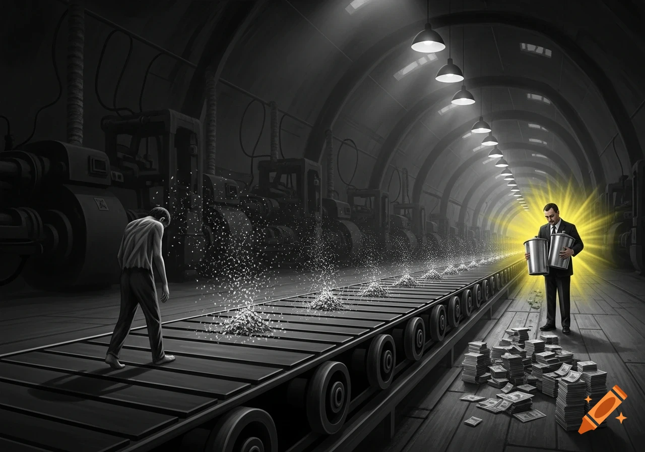 A gaunt man on a factory belt transforms into sparkling particles, which become piles of money collected by a rich man in a dark, stylized setting.