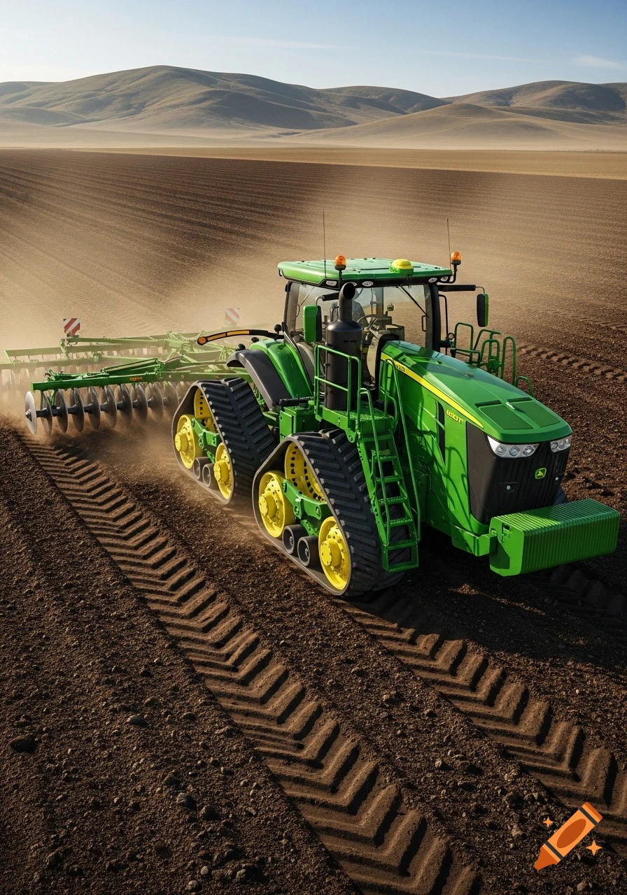 Photorealistic image of a green John Deere track tractor pulling a disc through a tilled field with distant hills under a clear sky.