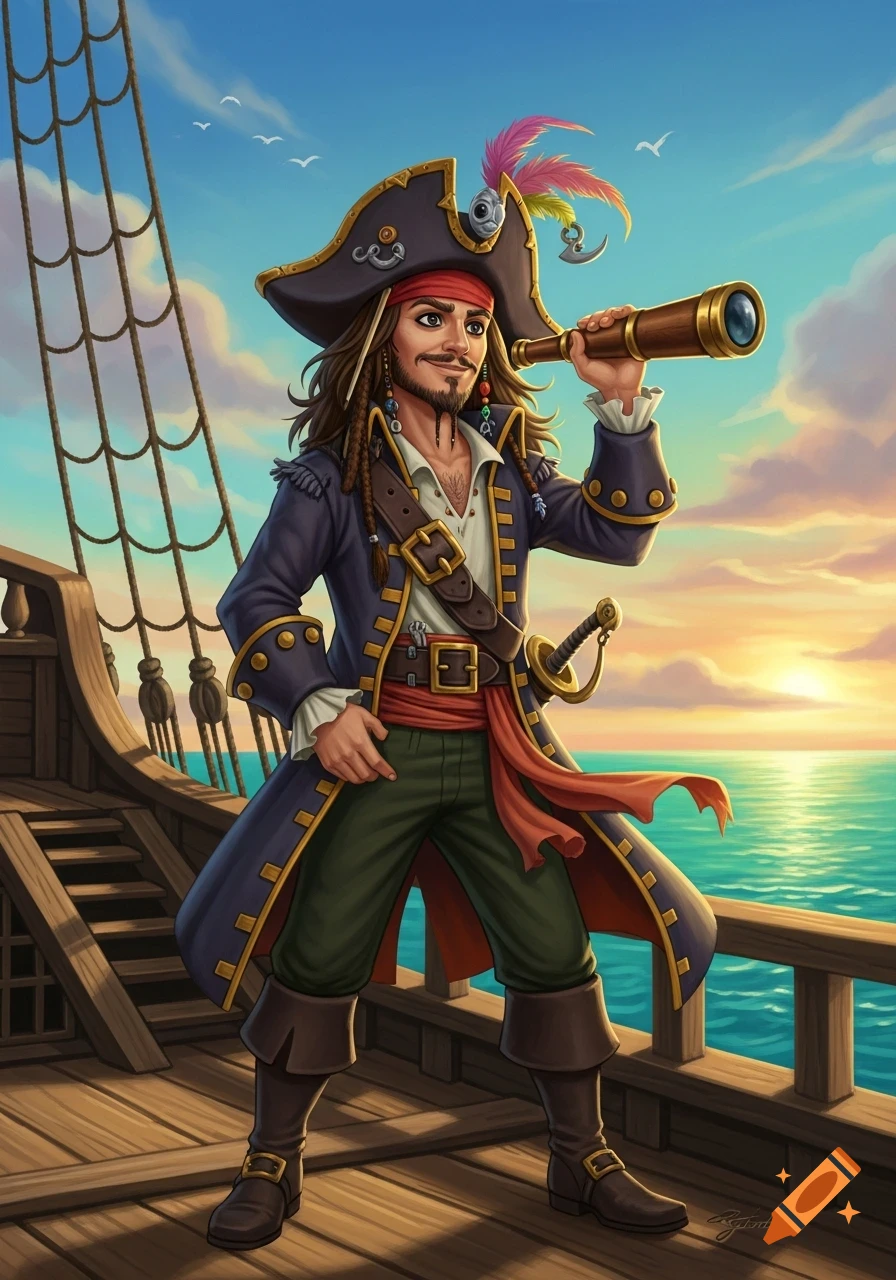 A stylized pirate, a mix of Jack Sparrow and Guybrush, stands on a ship deck at sunset, looking through a telescope.