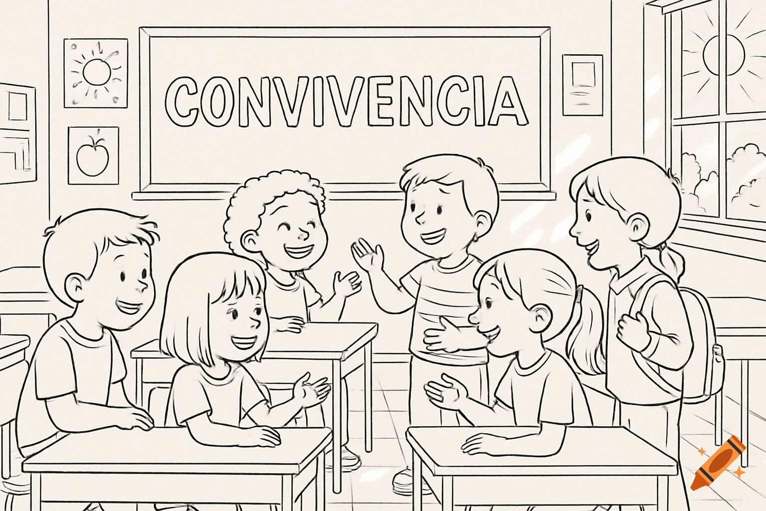 Smiling children in a classroom, with the word CONVIVENCIA on a whiteboard. Line art drawing for a coloring book.
