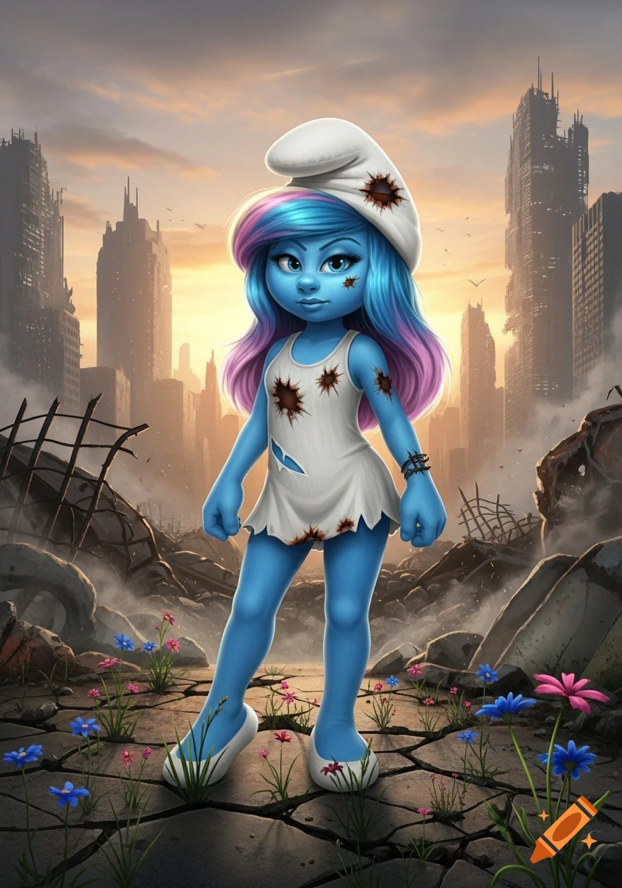A cyan-skinned Smurfette with blue and pink hair, wearing a ripped white outfit, stands in an apocalyptic city with colorful flowers.