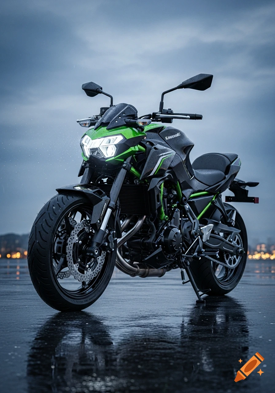 A black and green Kawasaki motorcycle with its headlights on, parked on a wet surface reflecting the vehicle and city lights under a cloudy sky.