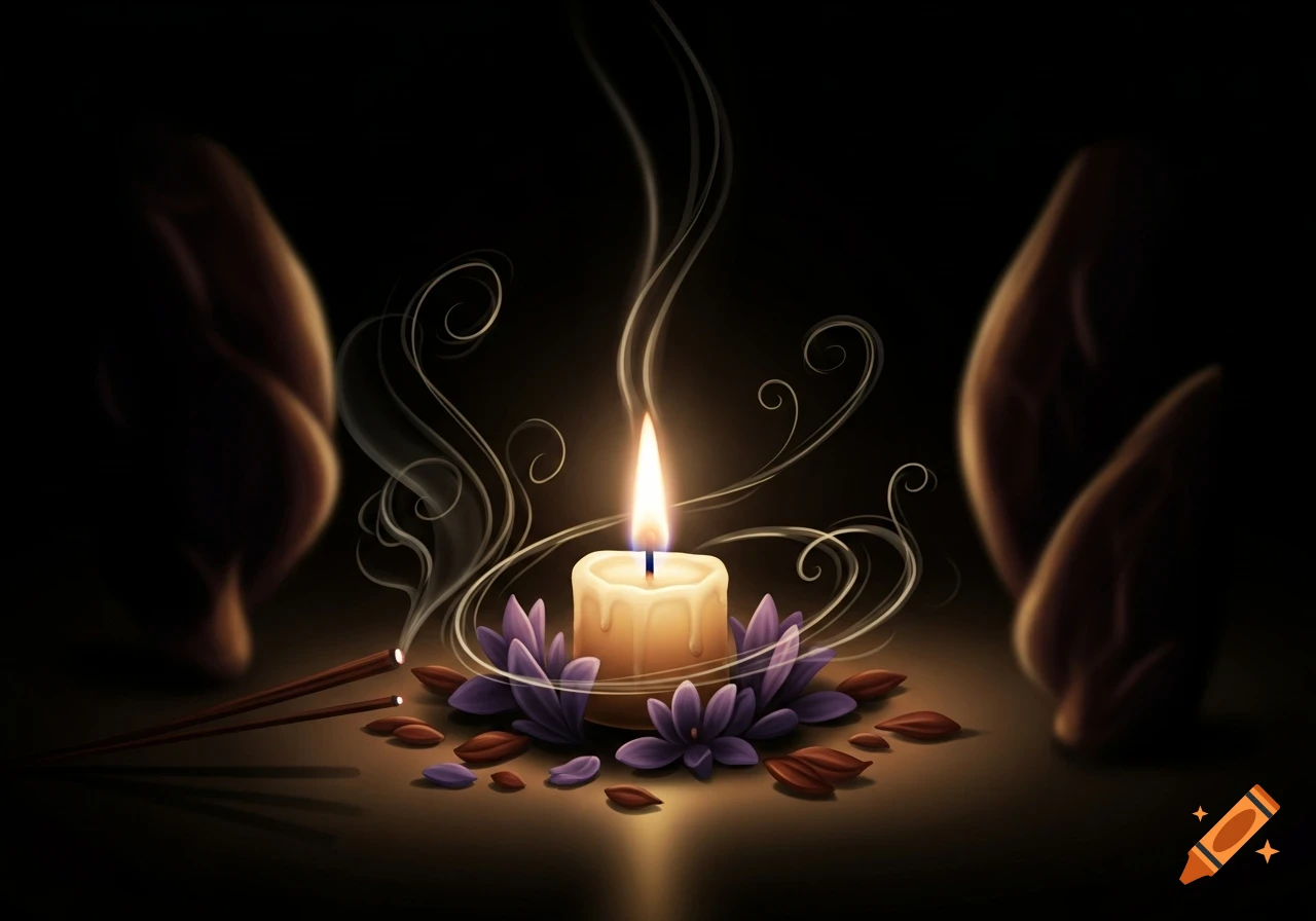 Stylized illustration of a burning candle, purple lotus flowers, incense sticks, and smoke in a dark, peaceful setting.