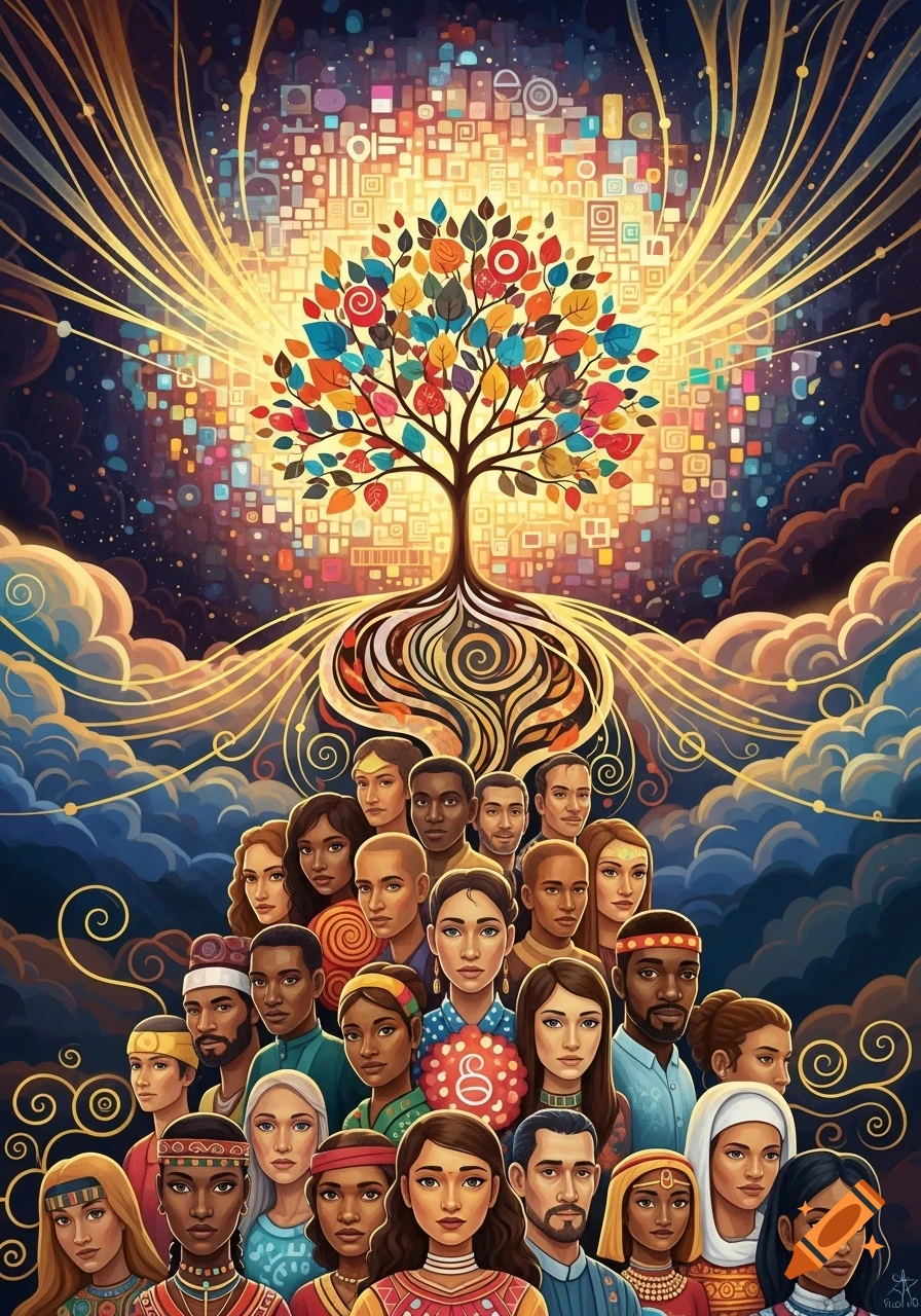 Stylized art of diverse people looking up at a vibrant tree with colorful leaves and roots, emanating golden light and abstract patterns.