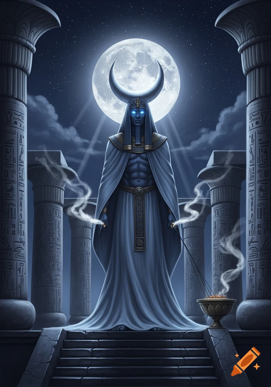 A mystical blue-skinned figure with glowing eyes, resembling Khonshu, stands on steps between hieroglyph-carved pillars under a crescent moonlit sky.