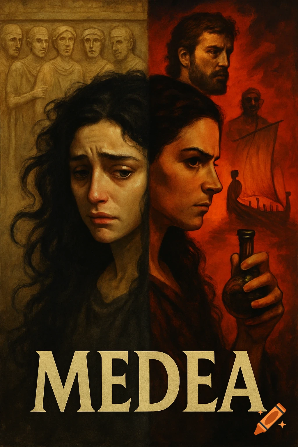 Dramatic movie poster for 'Medea' depicting a woman with split expressions (sad, angry), a man, ship, and chorus in a painterly style.