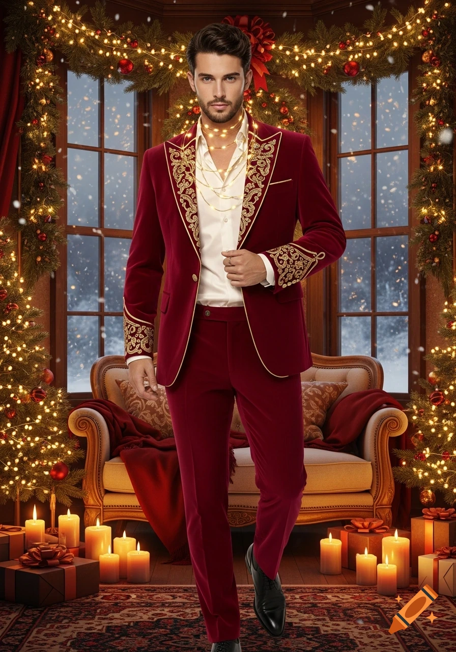 A man in a red velvet suit with gold embroidery and string lights around his neck stands in a festive Christmas room.