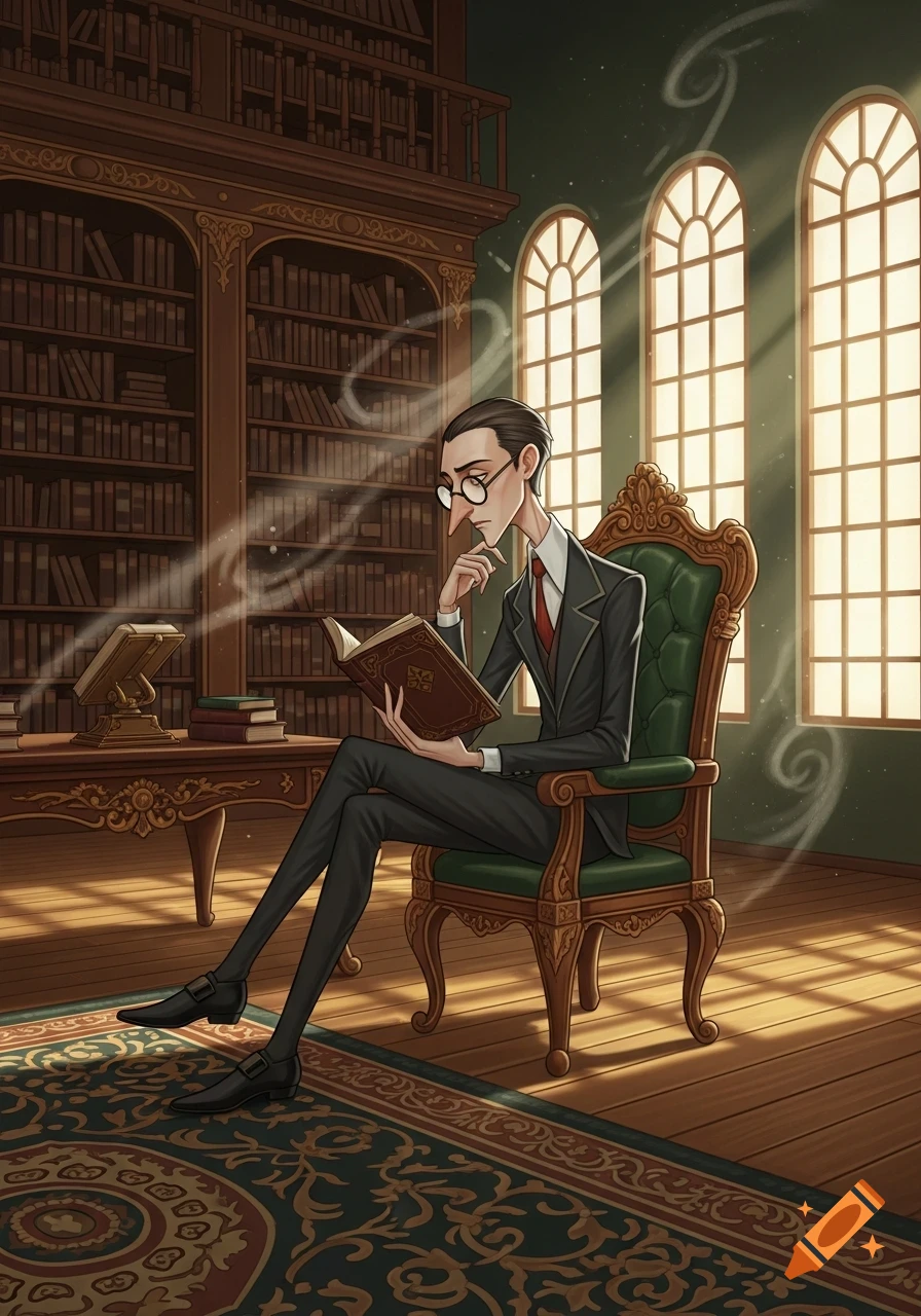 An illustration of a thin man with glasses and a long nose, sitting in a large armchair in a library, reading a book. Sunlight streams through arched windows.