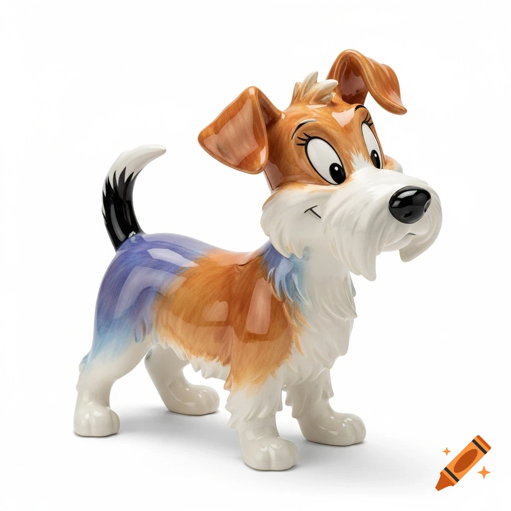 A whimsical ceramic figure of a long-haired Jack Russell terrier in a classic Looney Tunes style, standing proudly on a clean white background.