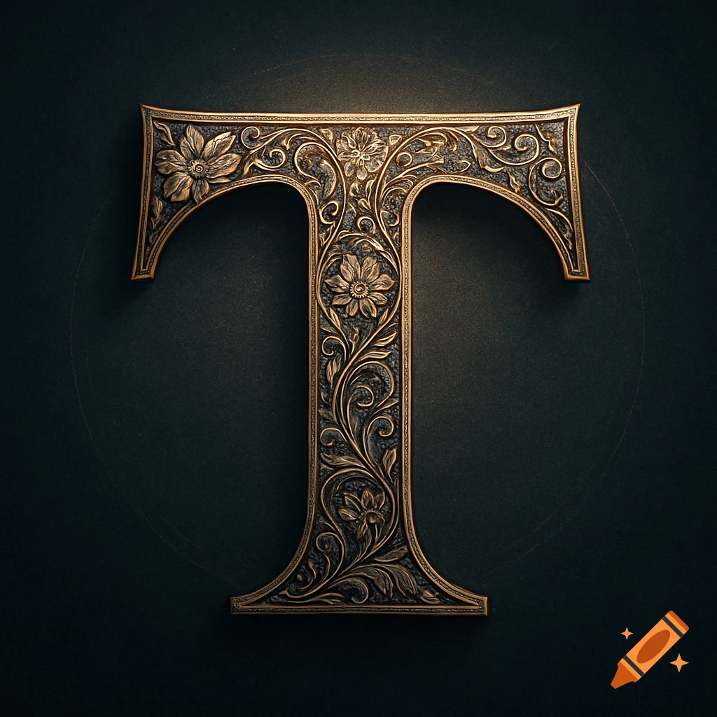 An ornate, gold and dark bronze letter T, intricately carved with floral and vine patterns, set against a dark background.