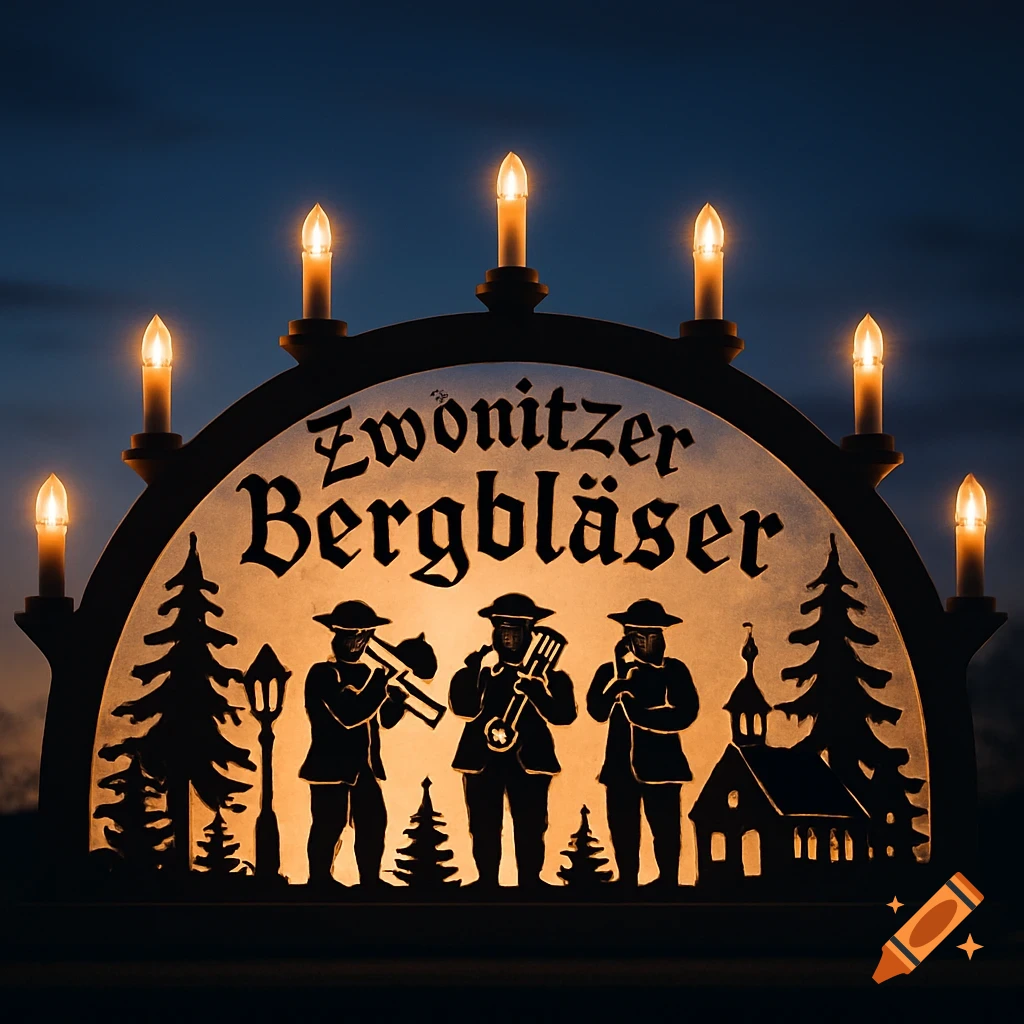 Traditional German illuminated candle arch (Schwibbogen) with silhouettes of musicians, trees, church, and 'Zwönitzer Bergbläser' text.