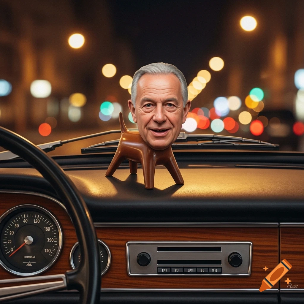 A photorealistic bobblehead with the face of a smiling man on a brown dog body sits on a classic car dashboard at night with city lights bokeh.