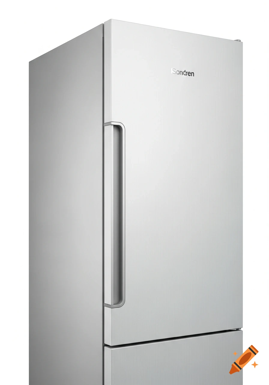 A modern, silver Sondren refrigerator with a minimalist design.