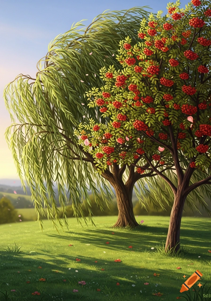 A vibrant, stylized landscape features a weeping willow and a rowan tree with red berries, casting long shadows on a grassy field.