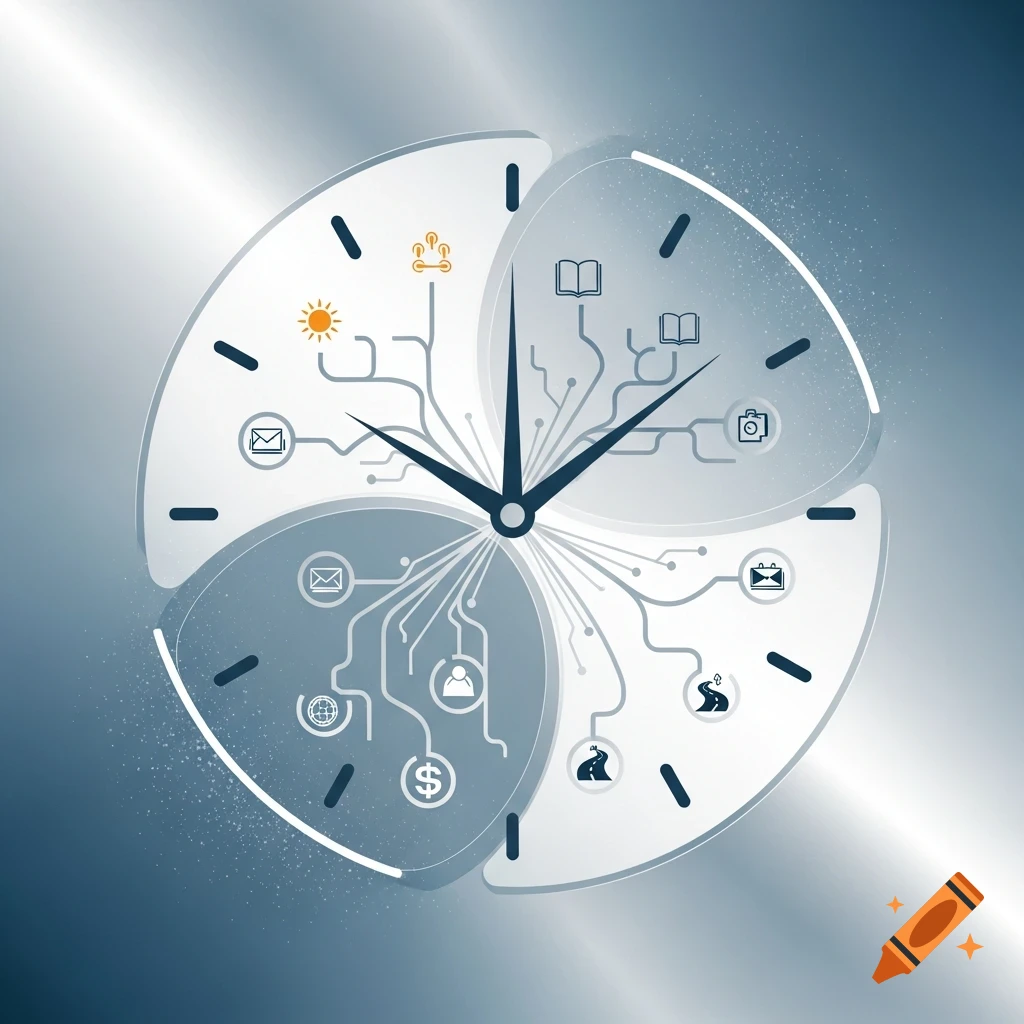 An illustrative clock face with circuit-like paths connecting icons representing various scenarios and daily activities.