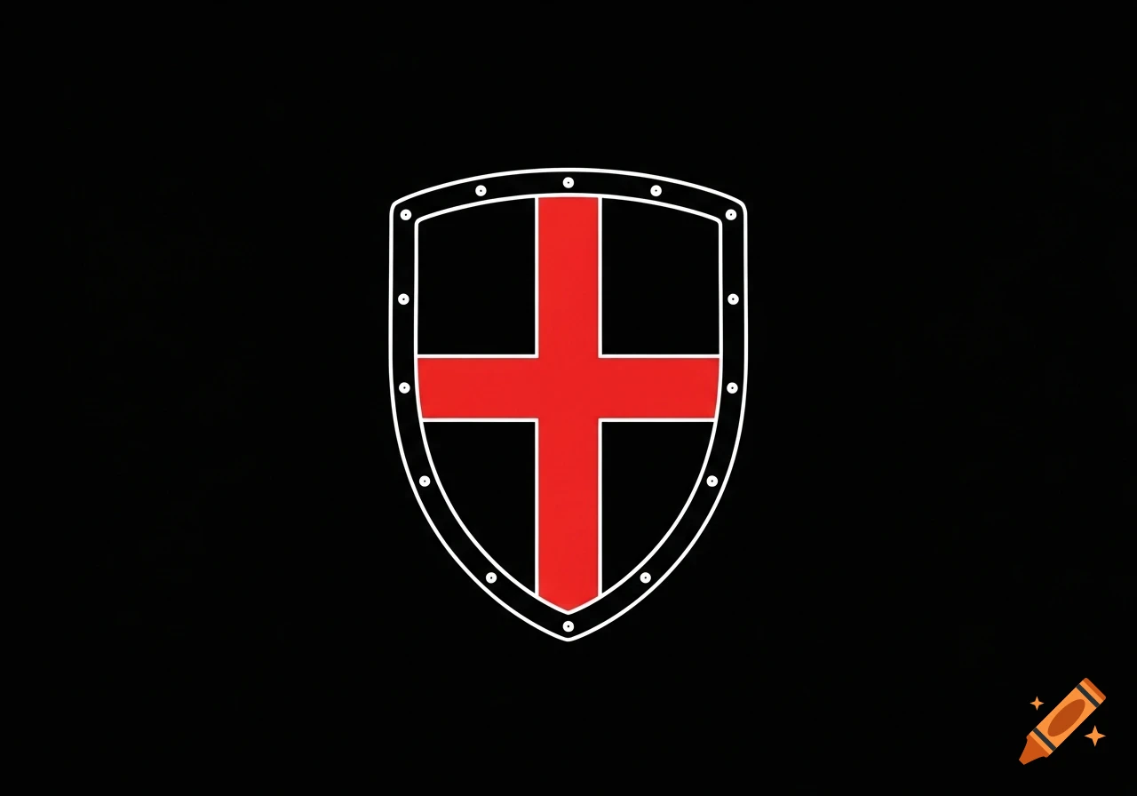 White outlined medieval shield with a bold red St. George's Cross centered on a black background.