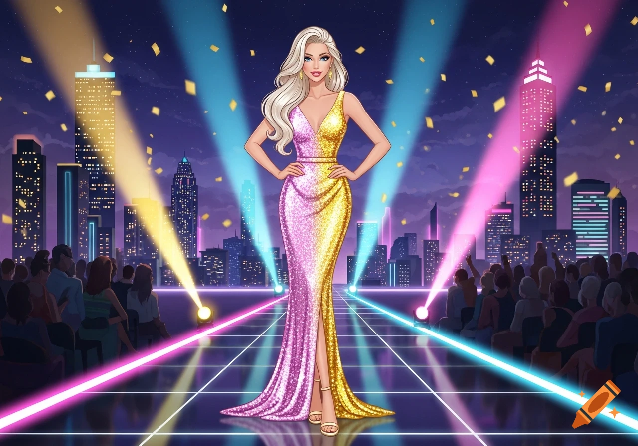 A glamorous woman in a sparkly pink and gold gown stands on a stage with a city skyline and colorful spotlights in an illustrated style.
