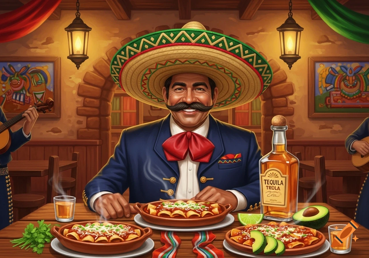 A smiling Mexican man in a sombrero and suit sits at a table laden with enchiladas and tequila in a warmly lit restaurant, with musicians in the background.