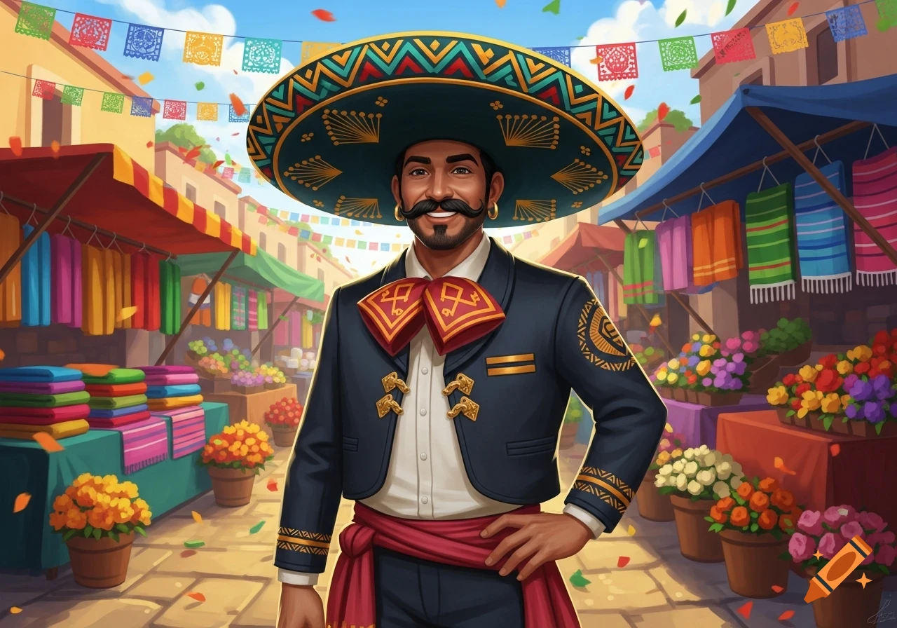 A man in a large sombrero and traditional charro suit smiles at a vibrant Mexican market with papel picado and flower pots, in an illustration style.