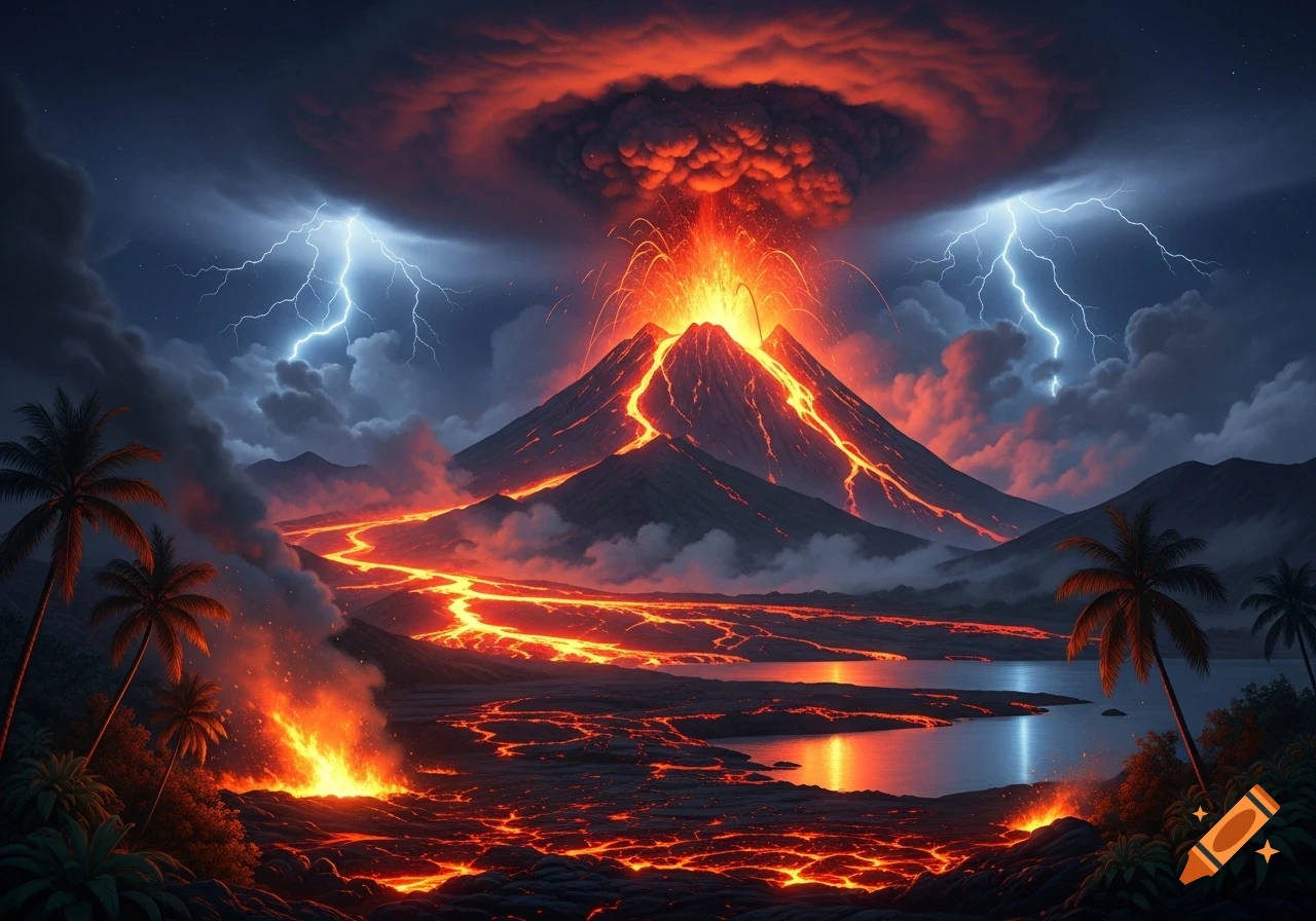 Dramatic night view of a volcanic eruption with molten lava flowing, intense lightning, and palm trees.