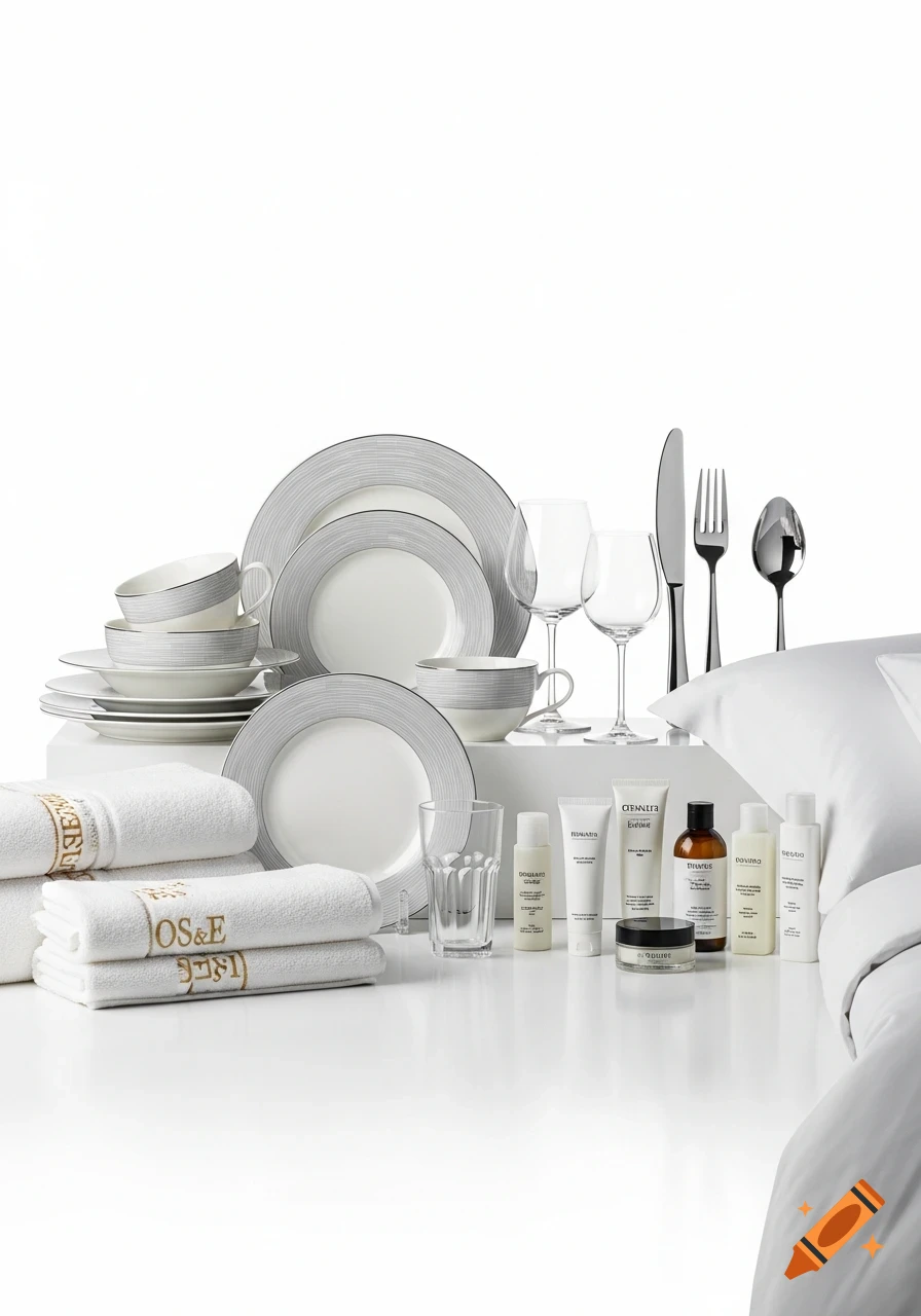 A product-centric image featuring white towels embroidered with 'OS&E', a stack of dinner plates, silverware, wine glasses, and various hotel toiletry bottles and tubes, all on a white background.