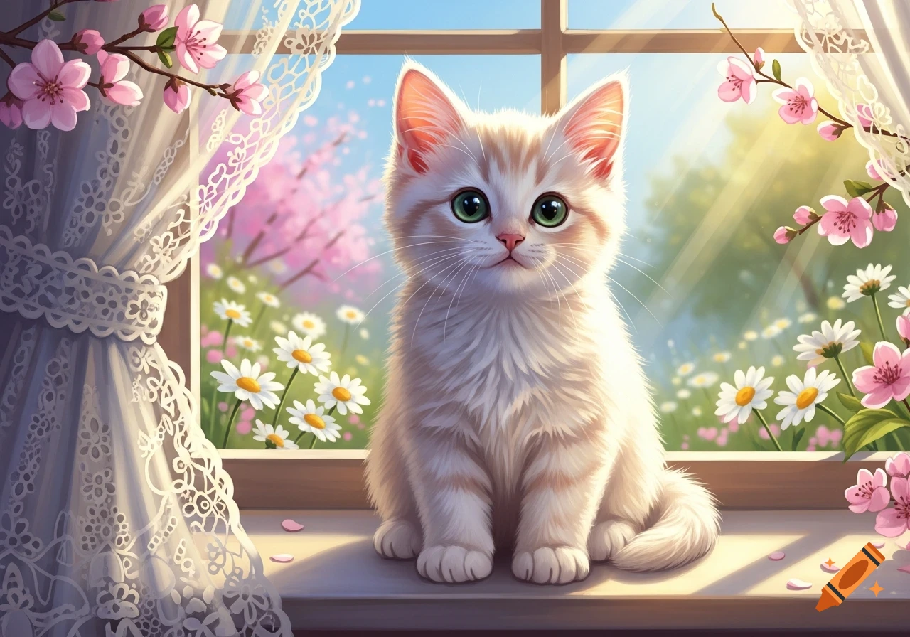 A cute, fluffy kitten with green eyes sits on a sunlit windowsill, overlooking cherry blossoms and daisies in a spring garden.