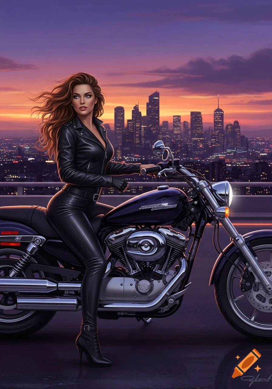 A woman in black leather sits on a shiny motorcycle overlooking a city skyline at sunset, in a digital art style.