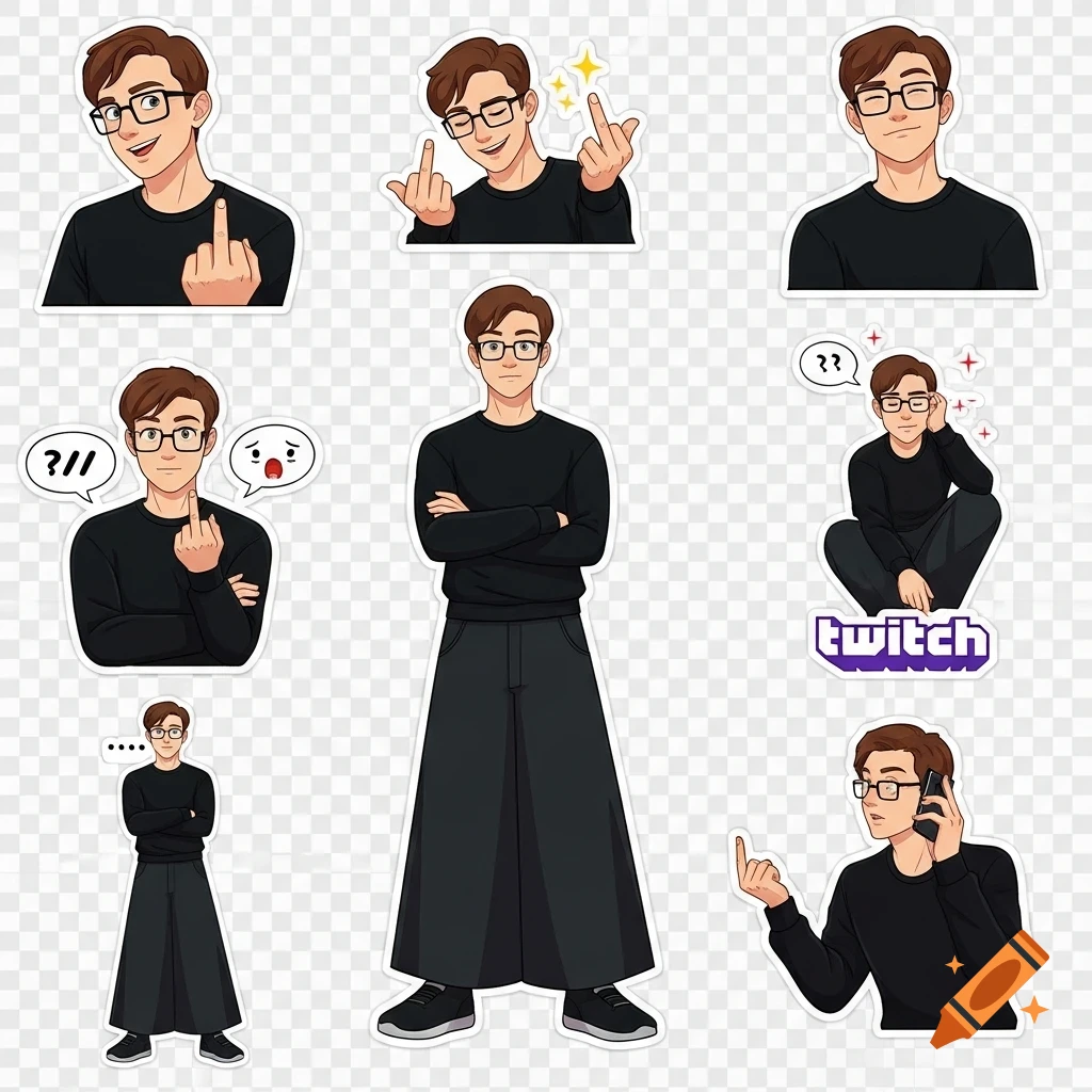 A set of cartoon-style Twitch stickers featuring a male character with brown hair and glasses in various poses, some showing a middle finger or talking on the phone.