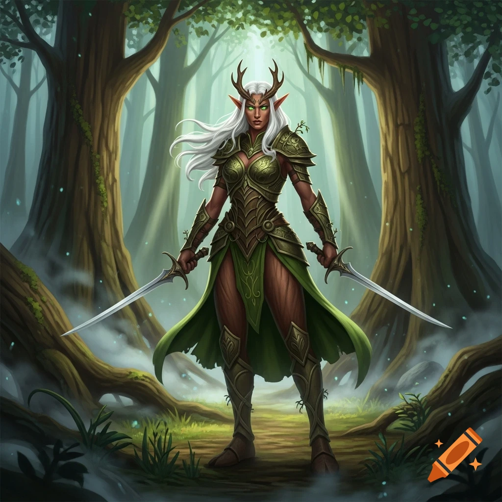 Female forest elf warrior with white hair, copper skin, antlers, and green armor holds two short swords in a magical forest.